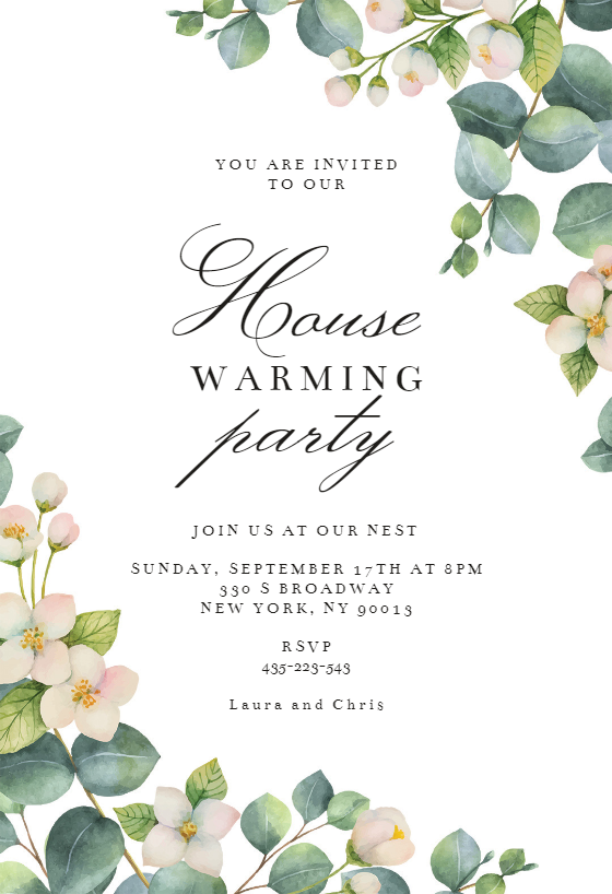Botanical & White Flowers Housewarming Invitation Template